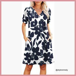 V-Neck Short Sleeve Swing Sundress with Pockets, Rayon Blend